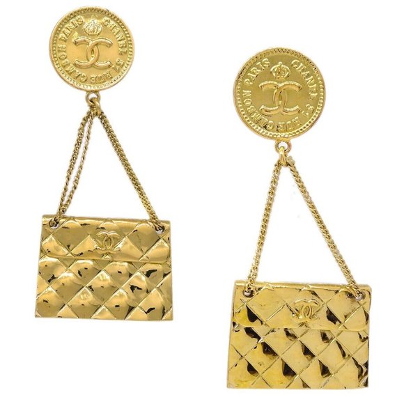 Auth Chanel Bag Motif Dangle Earrings Clip-On Gold - Picture 1 of 4